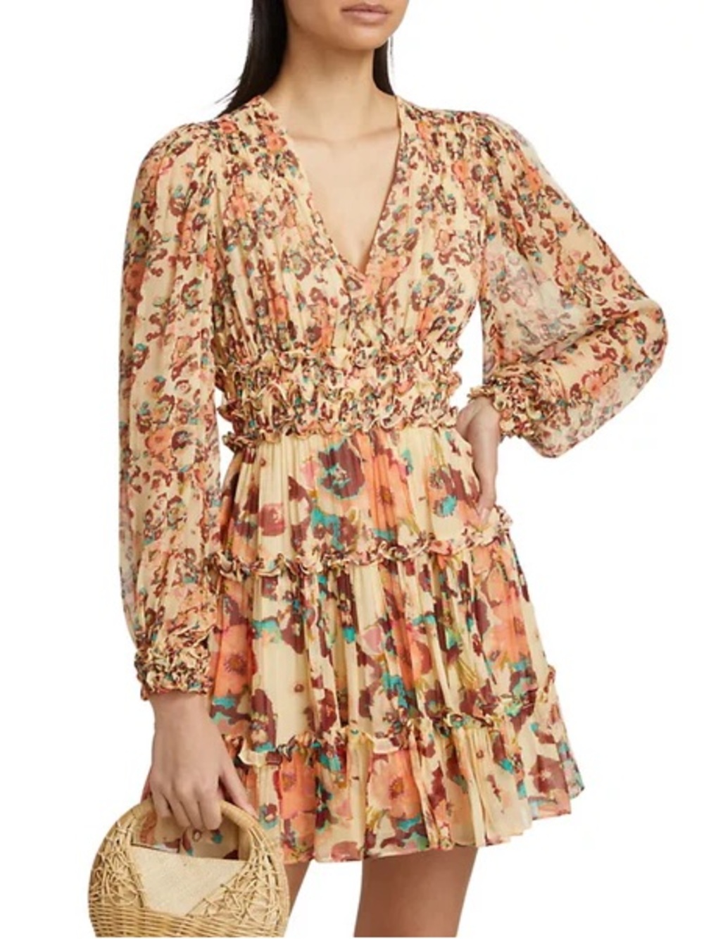 Ulla Johnson silk Floral Tiered V-Neck Mini Dress in Peach Size 12